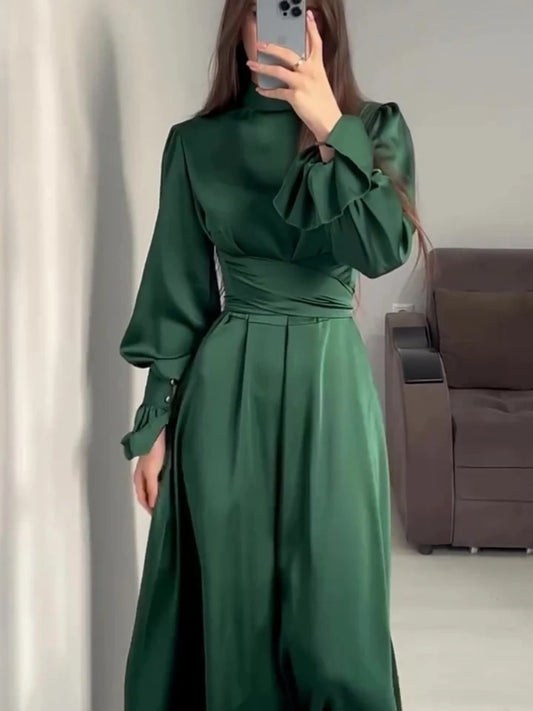 Eid Satin Muslim Dress for Women Abaya Party Dresses Ramadan Lace-up Islam Flare Sleeve Vestidos Largo Dubai Arab Long Robe 2024 - Dhavinci