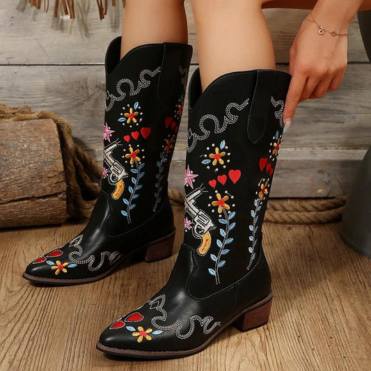 Embroidered Western Cowboy Boots for Women | Pointed Toe Mid-Calf Style - Dhavinci