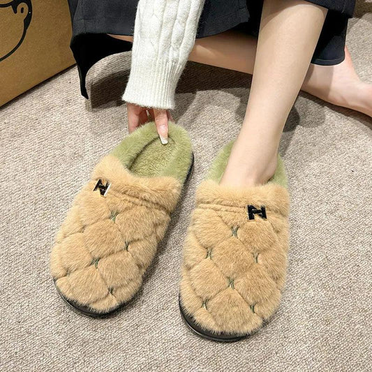 Winter Plaid Cotton Slippers for Women | Warm, Non-Slip Indoor Slides - Dhavinci