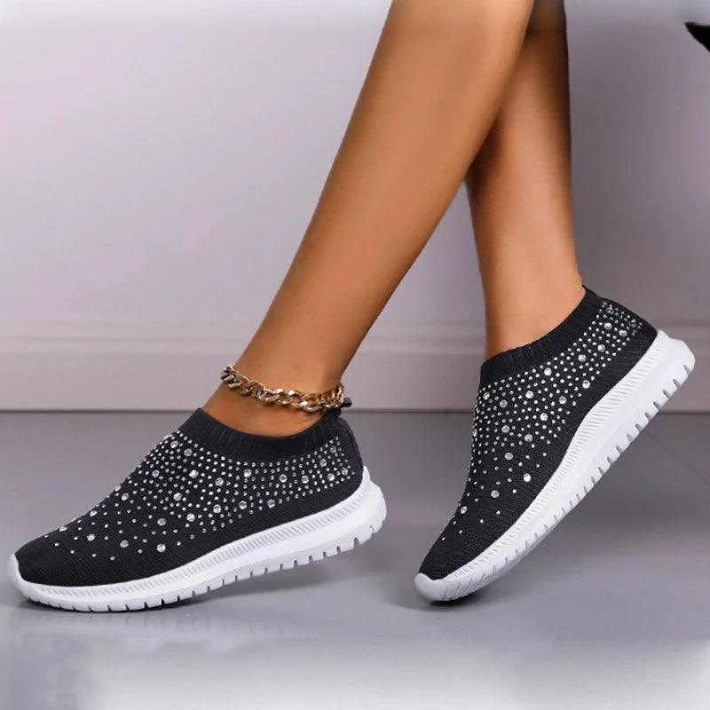 Shining Crystal Flats for Women | Breathable Knit Platform Sneakers - Dhavinci