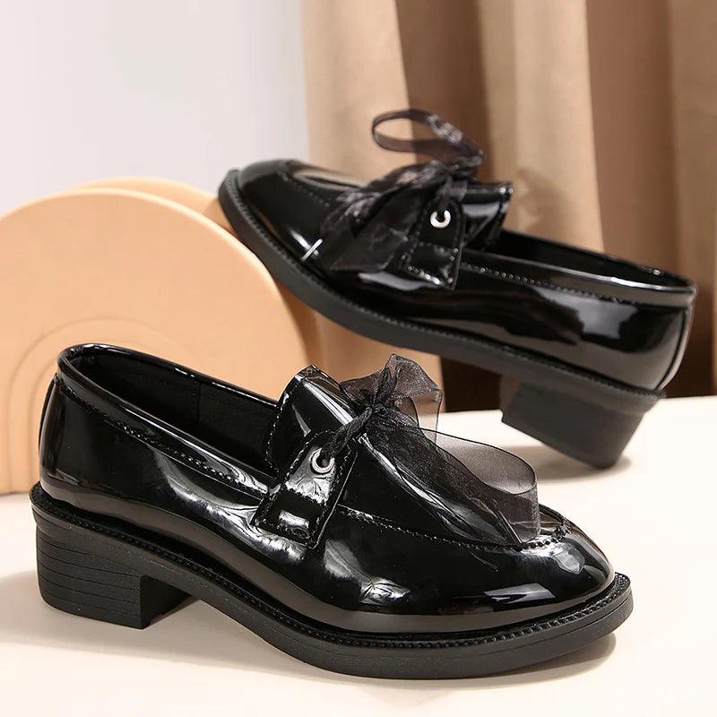 Fashion Ribbon Lace-Up Loafers for Women | Patent Leather Med Heel Pumps - Dhavinci