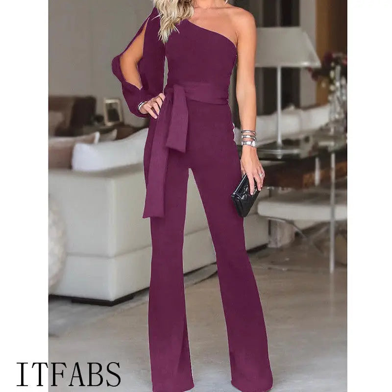 Elegant Ladies Jumpsuit | V-Neck, Lace Embroidered, Wide Leg - Dhavinci