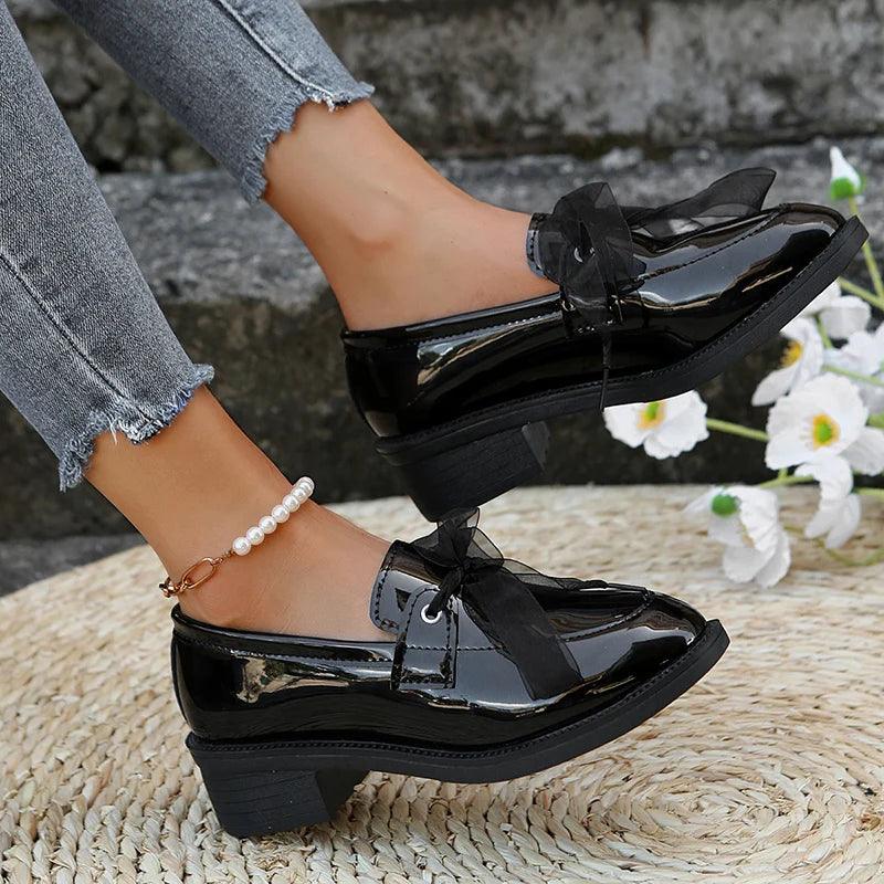 Fashion Ribbon Lace-Up Loafers for Women | Patent Leather Med Heel Pumps - Dhavinci