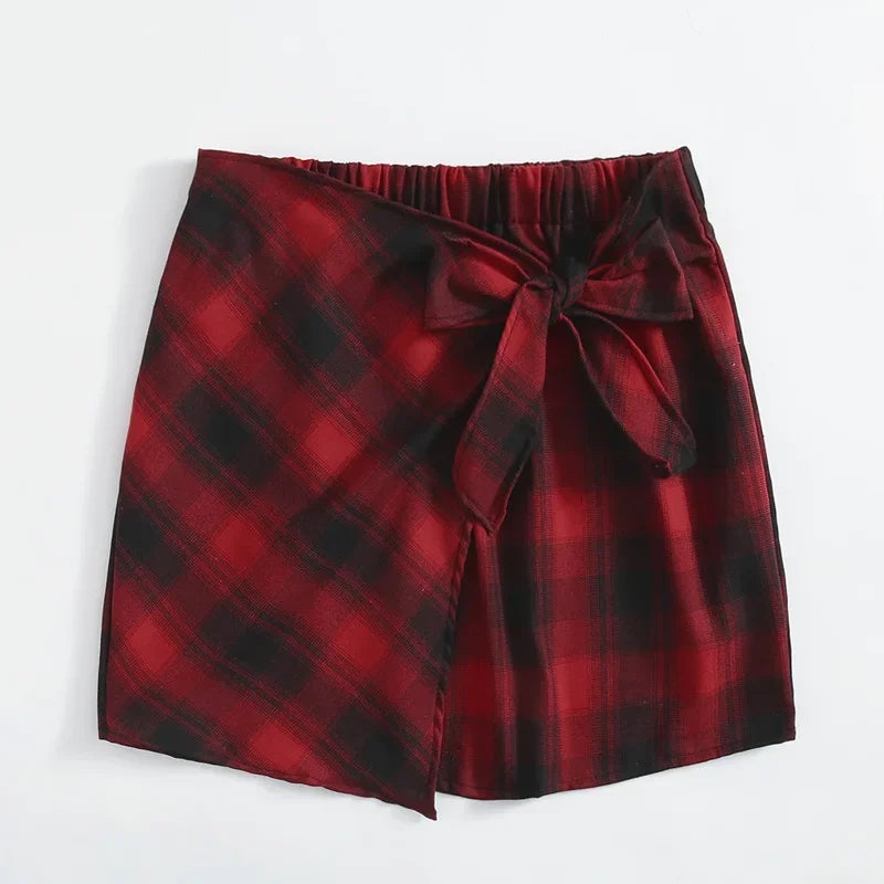 Plus Size Elastic Waist Summer Spring Casual Bandage Plaid Skirt Women Bow Front Vintage Checked Mini Skirt Plus Size Bottoms - Dhavinci