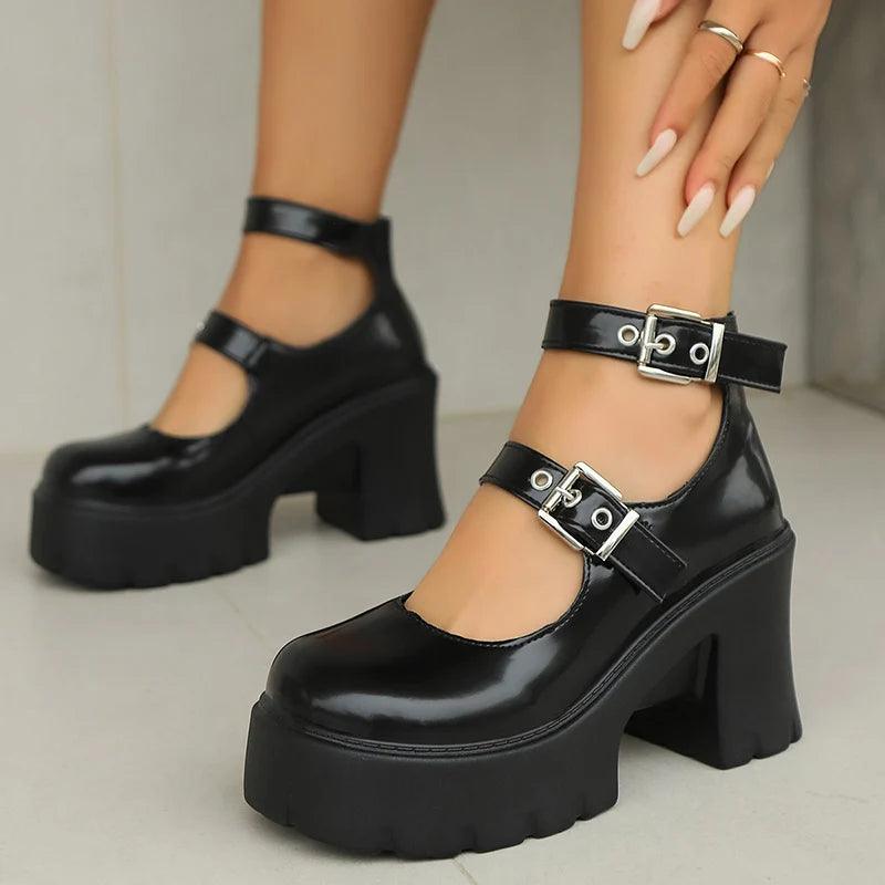 Punk Gothic Thick Heel Pumps for Women | Ankle Buckle Platform Shoes - Dhavinci