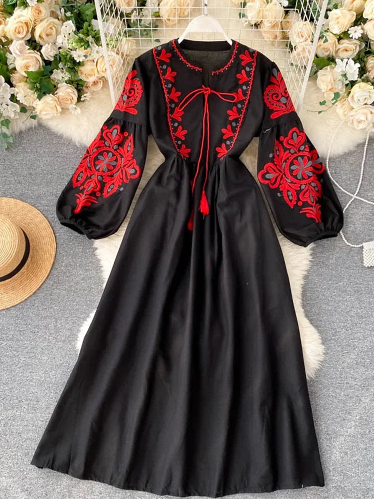 Women Autumn Dresses Bohemian Embroidered Flower O-Neck Lantern Sleeve High Waist Pleated Dress All-match Female Vestidos PL393 - Dhavinci