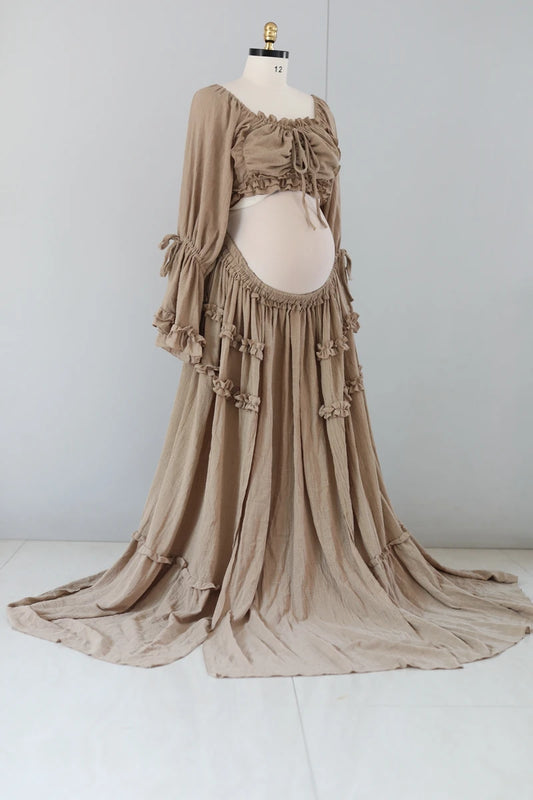 Bohemian Photo Shooting Maternity Dresses Long Sleeves Linen Cotton 2 Pieces Gowns Woman Maxi Dress Fancy Pregnancy Photography - Dhavinci