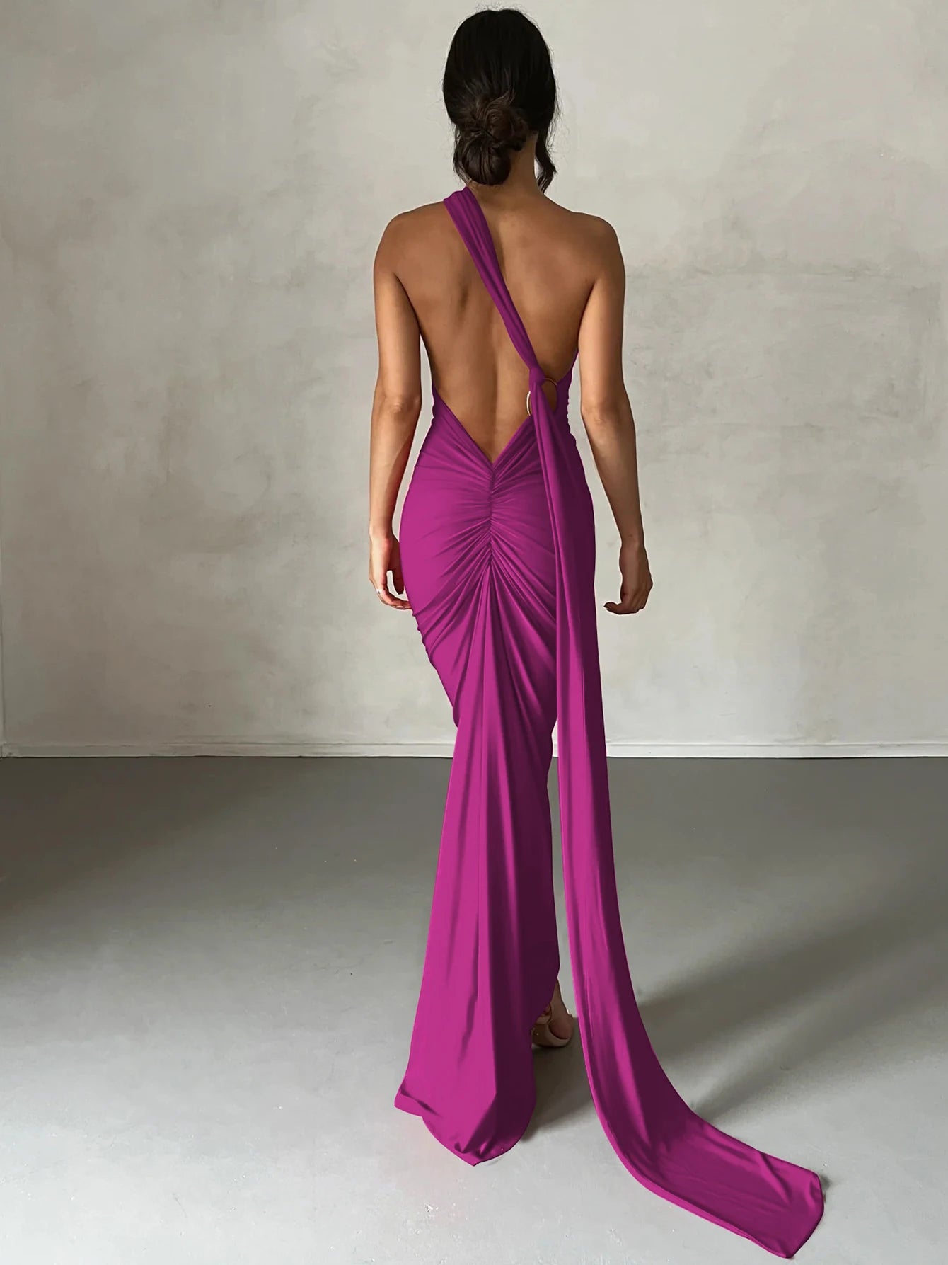 One-Shoulder Backless Ruched Maxi Dress | Sexy Y2K Festival Outfit - Dhavinci