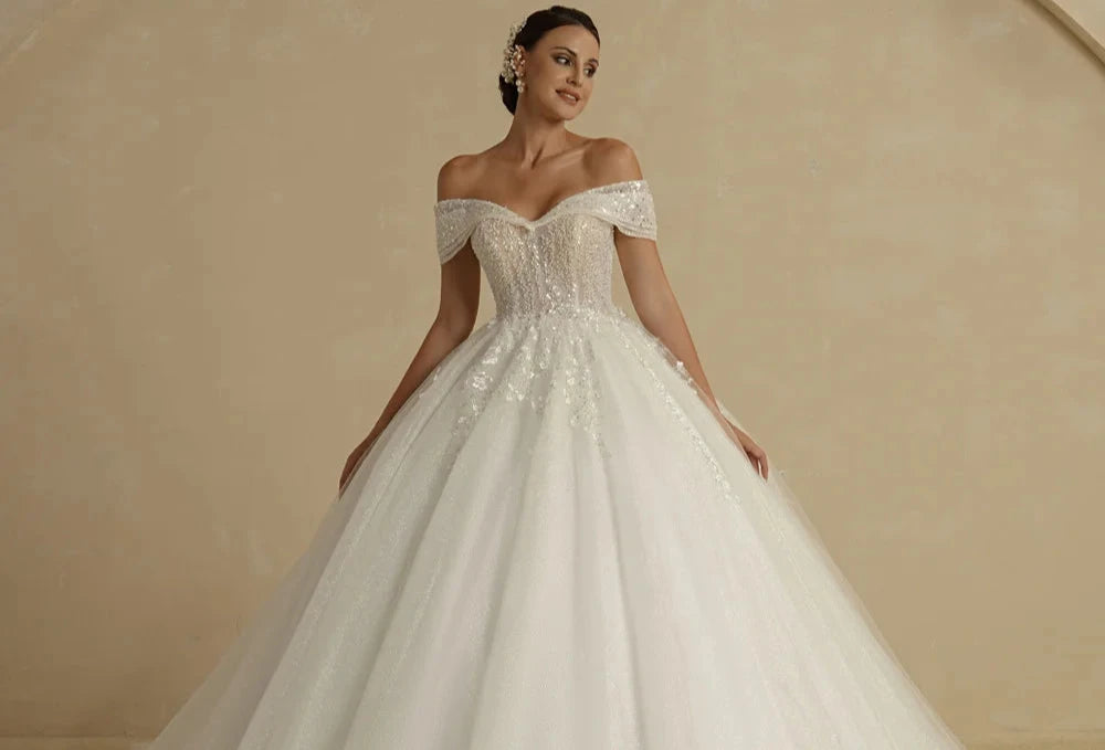 Ivory Beading Princess Wedding Dress | Off-Shoulder Glitter Bridal Gown - Dhavinci