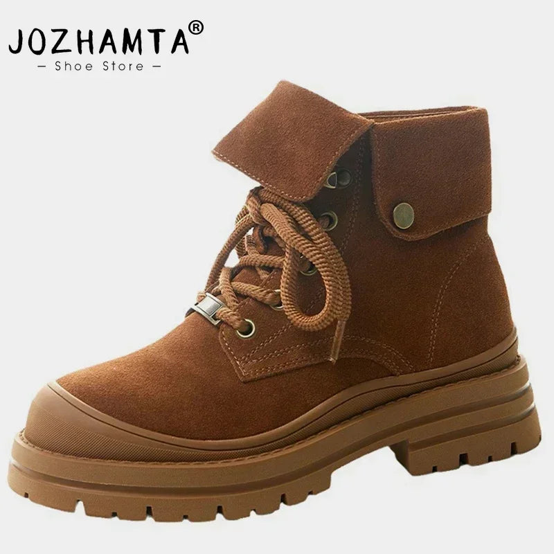 JOZHAMTA Size 35-40 Ankle Boots For Women Suede Real Leather Fold Over Lace-Up Thick Heels Short Booties 2025 Casual Daily Dress - Dhavinci