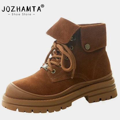 JOZHAMTA Size 35-40 Ankle Boots For Women Suede Real Leather Fold Over Lace-Up Thick Heels Short Booties 2025 Casual Daily Dress - Dhavinci