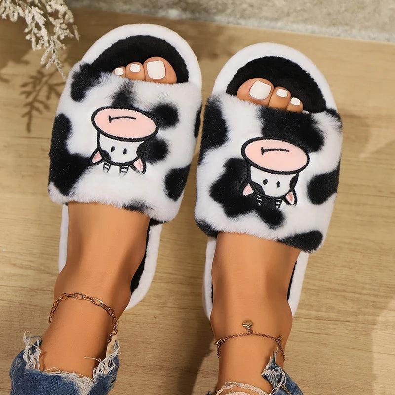 Cartoon Cow Fur Slippers for Women | Warm Fluffy Open Toe Home Slides - Dhavinci