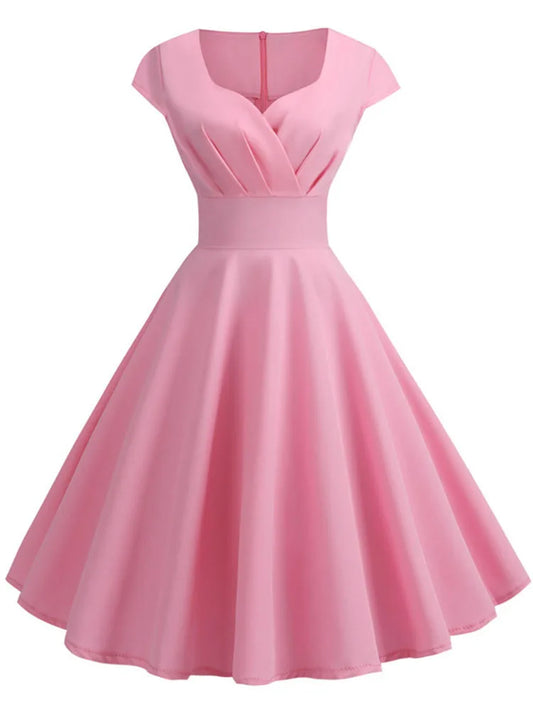 Pink Summer Dress Women V Neck Vintage Robe Elegant Retro pin up Party Office Midi Dresses - Dhavinci