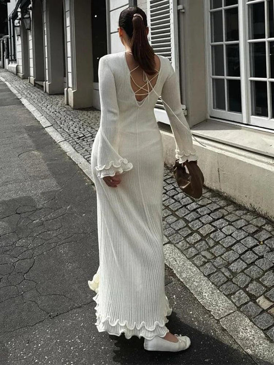 Elegant Ruffle Hem Knit White Long Dress for Women | Backless Bandage Dress - Dhavinci