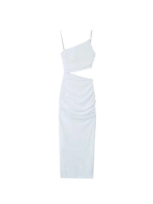 Sexy Asymmetric Neck Midi Dress for Women | Gathered Hollow Out Design - Dhavinci