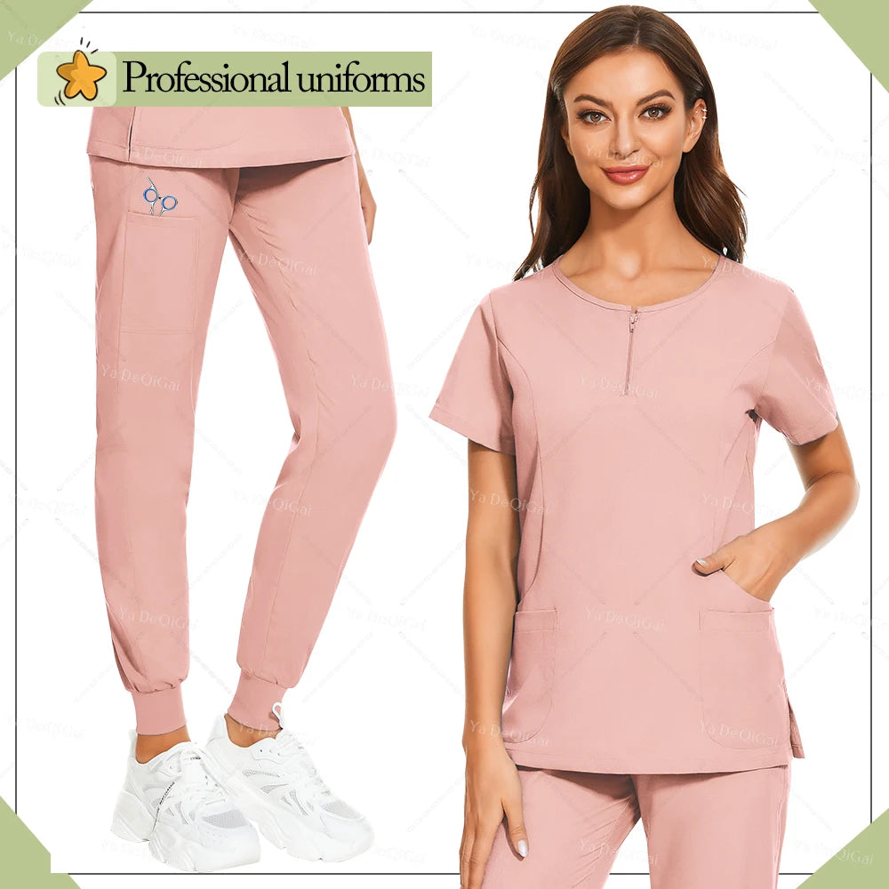 New Medical Surgical Uniforms Woman Scrub Set Beauty Salon Workwear Clinical Scrubs Top Pocket Pants Vet Doctor Zip Nursing Suit - Dhavinci