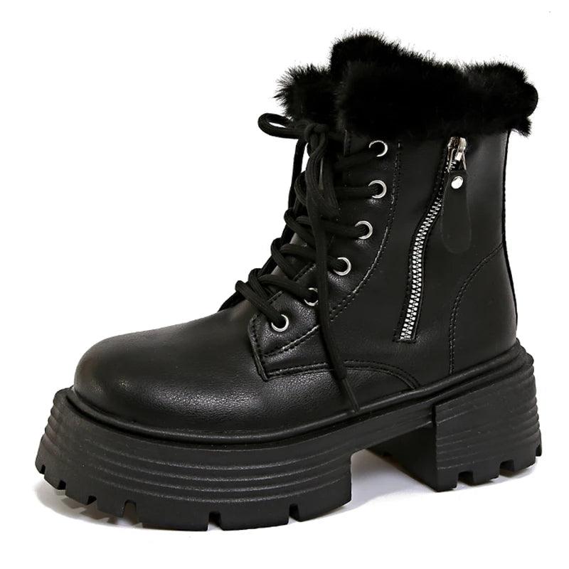 Faux Fur Motorcycle Winter Boots for Women | Warm, Non-Slip Platform Ankle Boots - Dhavinci