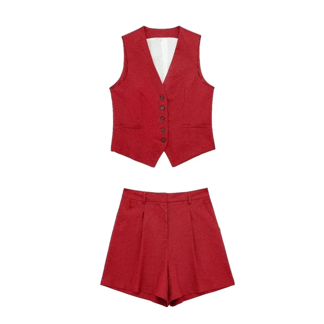 Vintage Women’s Pant Set | V-Neck Waistcoat & Slim Zipper Shorts Suit - Dhavinci