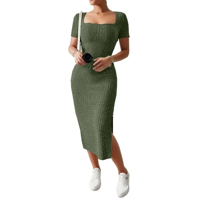 Summer Square Neck, Hip-Hugging Mid-Length Skirt, Short-Sleeved, Versatile Knitted Slit Dress - Dhavinci