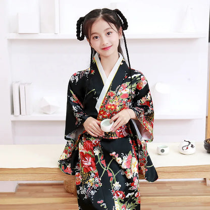 Classic Traditional Girls Kimono Gown Yukata with Obitage Japanese Bathrobe Print Flower Satin Cosplay Performance Clothing - Dhavinci