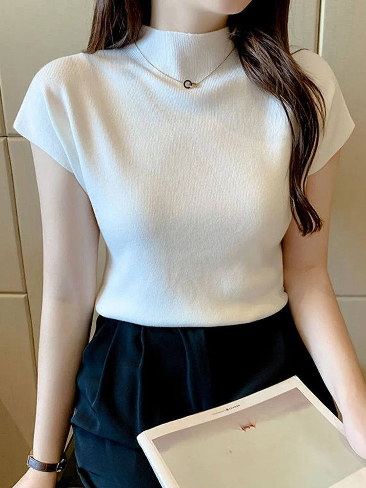 Women Summer Sexy Knitted Turtleneck Sleeveless T-Shirts Tops Solid Slim Fit Pullovers Causal Tees Female Streetwear Basics Tees - Dhavinci