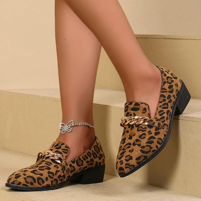 Leopard Print Medium Heels Pumps for Women | Chain Pointed Toe Party Shoes - Dhavinci