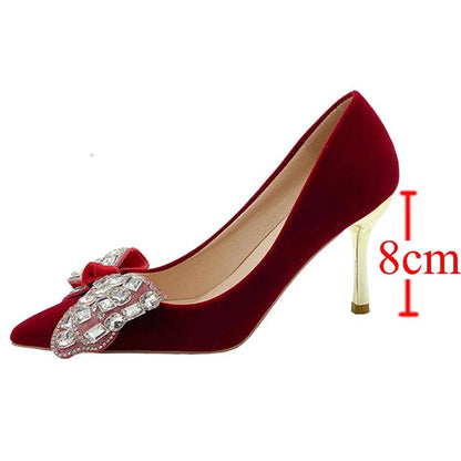 Red Bling Big Crystal Pumps - Bowtie Flock Wedding Party Shoes - Dhavinci