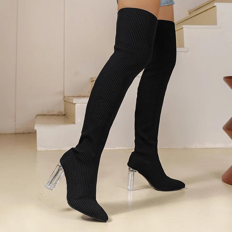 Sexy Over-the-Knee Boots for Women | Transparent Heel Thigh High Boots - Dhavinci