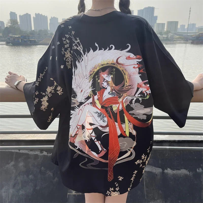 Bebovizi Japanese Style Flaming Phenix Print Cardigan Kimono Harajuku Women Men Sexy Yukata Female Streetwear Traditional Haori - Dhavinci