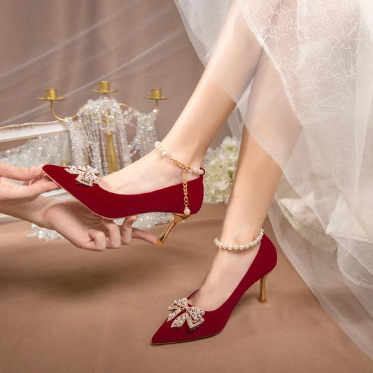 Red Pearl Bow Wedding Shoes - Thin Heel Ankle Strap Pumps - Dhavinci