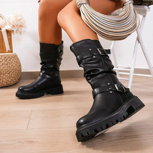 Pleated Leather Mid-Calf Boots for Women | Autumn Winter Motorcycle Boots - Dhavinci