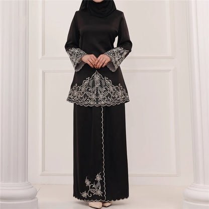 Muslim Long Sleeve Top & Skirt Set | Embroidered Baju Kurung Outfit - Dhavinci