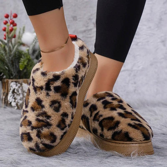 Leopard Print Plush Snow Boots for Women | Warm Winter Flats - Dhavinci