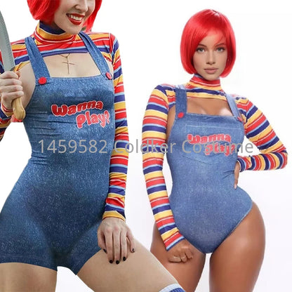 Women 2 Pcs Halloween Costumes Scary Nightmare Killer Doll Wanna Play Movie Character Bodysuit Chucky Doll Cosplay Costume Set - Dhavinci