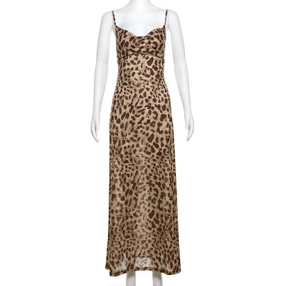 Vintage Leopard Print Spaghetti Strap Dress | Chic Backless Party Dress - Dhavinci