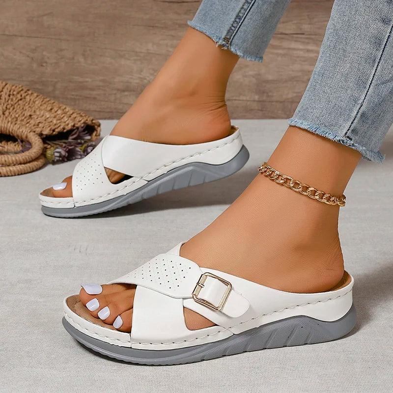 Fashion Buckle Platform Slippers for Women - Leather Cross Strap Sandals - Dhavinci