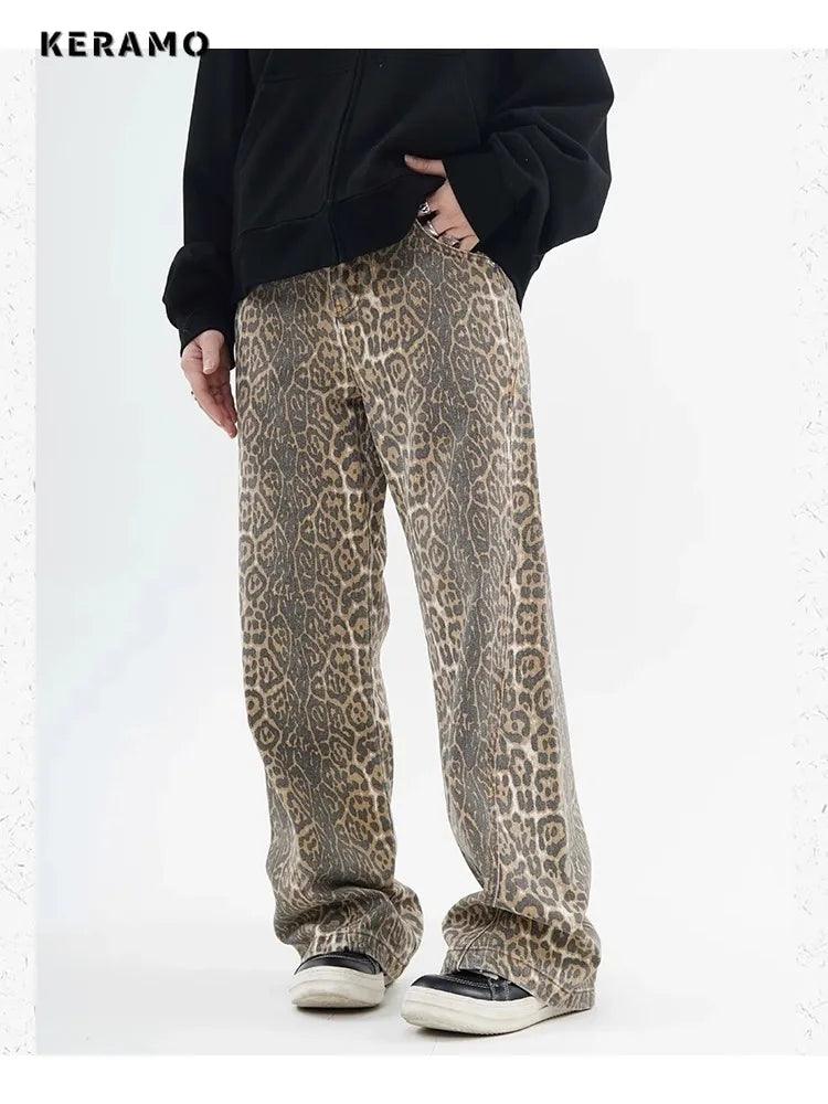 Vintage Leopard Print Jeans for Women | High Waist Wide Leg Denim Trousers - Dhavinci