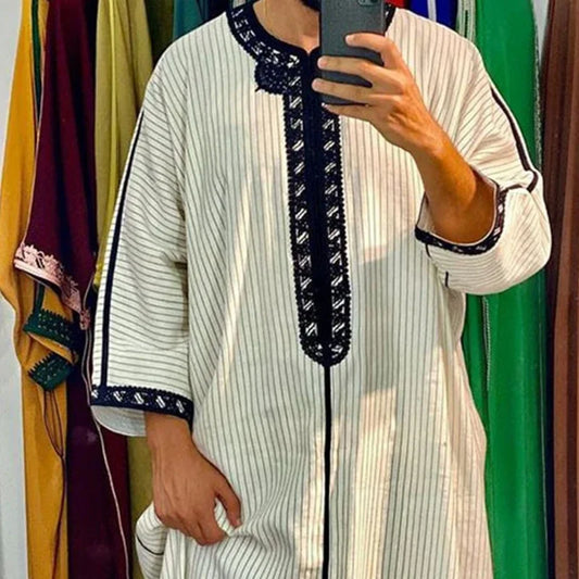 Men's White Muslim Robe | Djellaba with Stripe Print - Dhavinci