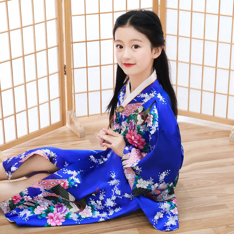 Classic Traditional Girls Kimono Gown Yukata with Obitage Japanese Bathrobe Print Flower Satin Cosplay Performance Clothing - Dhavinci