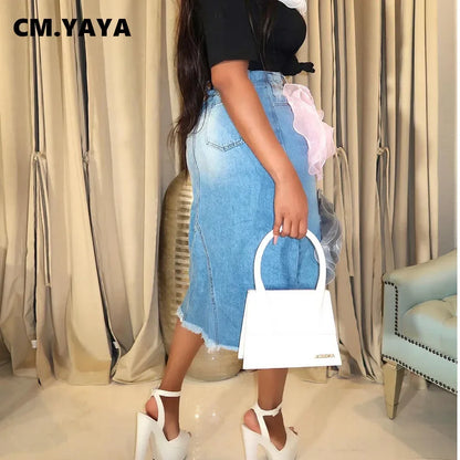 CM.YAYA Women 3D Big Flower Denim Skirts 2024 Autumn Fashion High Waist Sexy Boho Split Knee Length Skirt Women Beach Holiday - Dhavinci