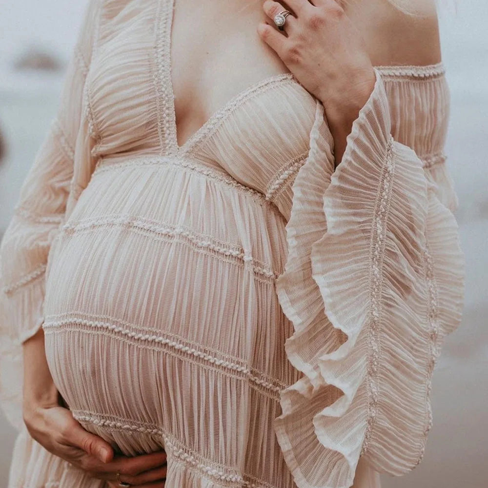 Boho Maternity Dresses For Photo Shoot Sexy V-neck Pleated Chiffon Long Sleeve Ruffle Pregnancy Dress Women's Photography Gowns - Dhavinci