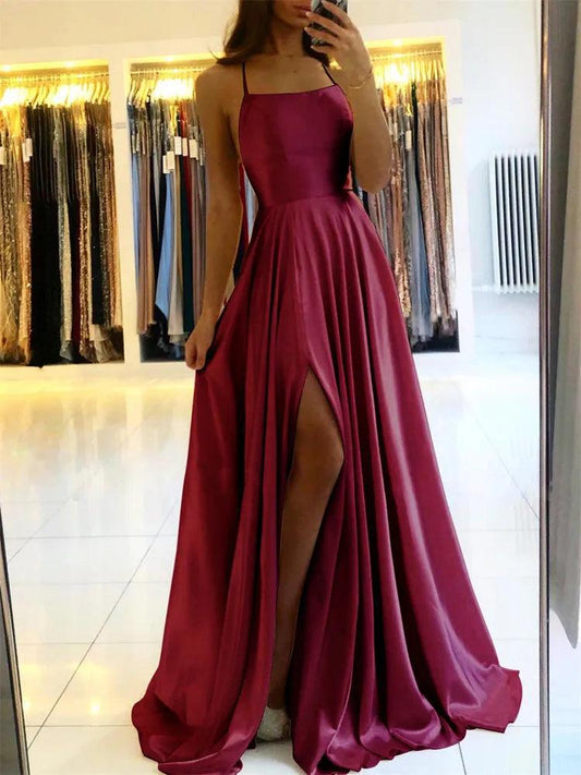 Burgundy Satin Beach Maxi Dress for Women | Sexy Side Slit Bridesmaid Dress - Dhavinci