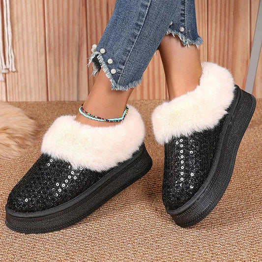 Faux Fur Bling Sequin Snow Boots for Women | Warm Plush Ankle Boots - Dhavinci