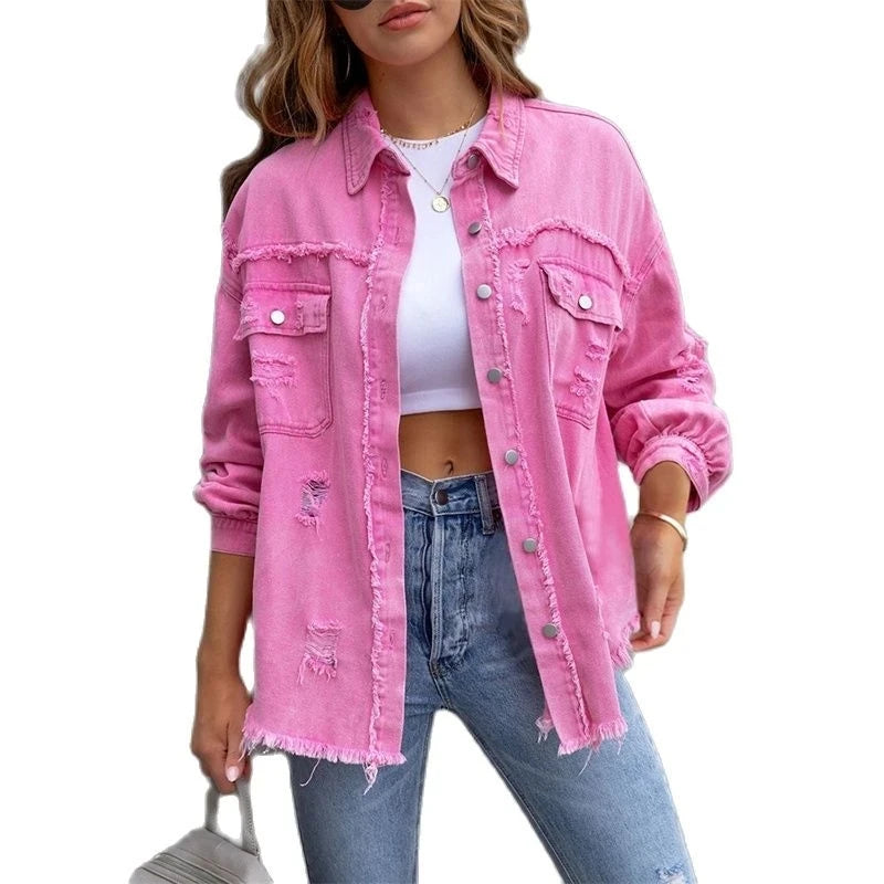 Women’s Raw-Edge Denim Jacket | Casual Spring Jean Coat - Dhavinci