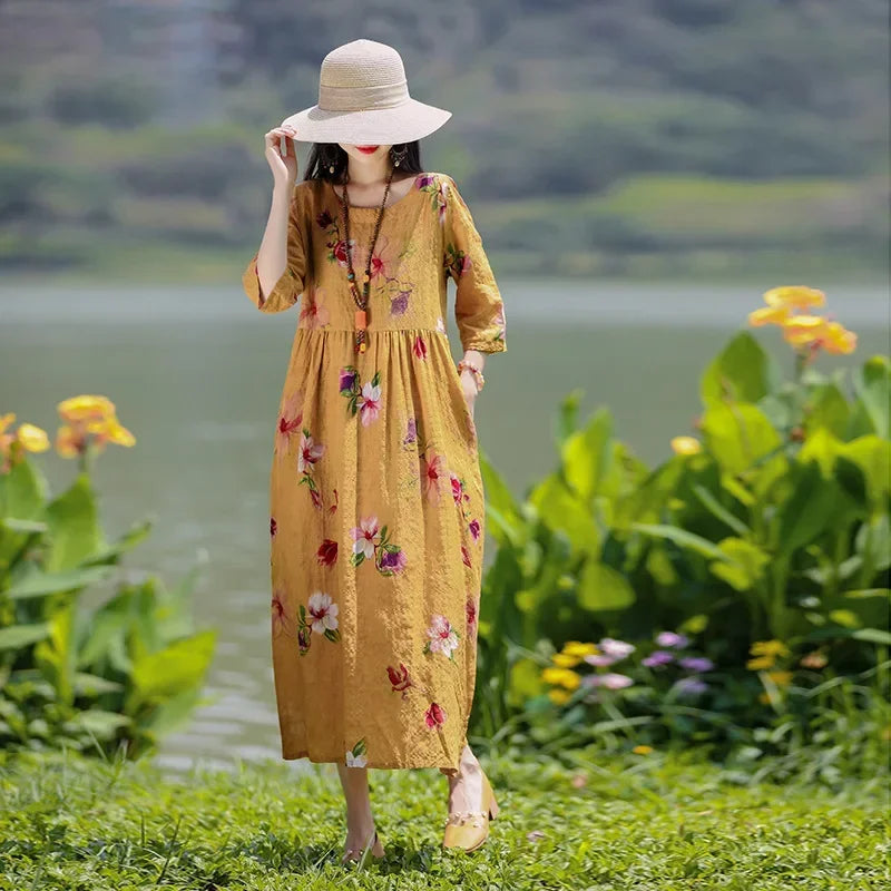 Elegant Comfortable Loose Streetwear Women Clothing Summer Dress for Women Fashion Casual Vintage Ethnic Style Clothes Print - Dhavinci