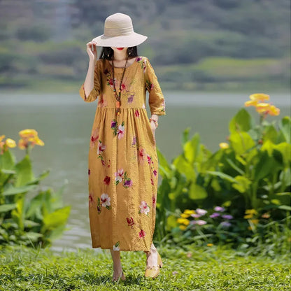 Elegant Comfortable Loose Streetwear Women Clothing Summer Dress for Women Fashion Casual Vintage Ethnic Style Clothes Print - Dhavinci