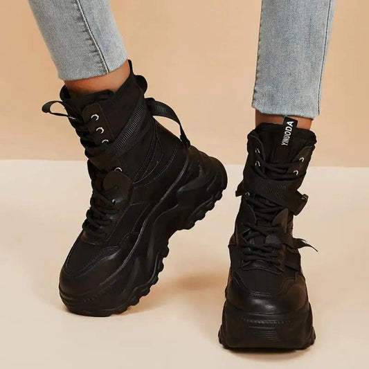 Chunky Platform Ankle Boots for Women | Black & White Punk Motorcycle Boots - Dhavinci