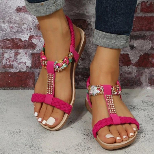 Mix Color T-Strap Sandals | Women’s Crystal Flat Summer Shoes - Dhavinci