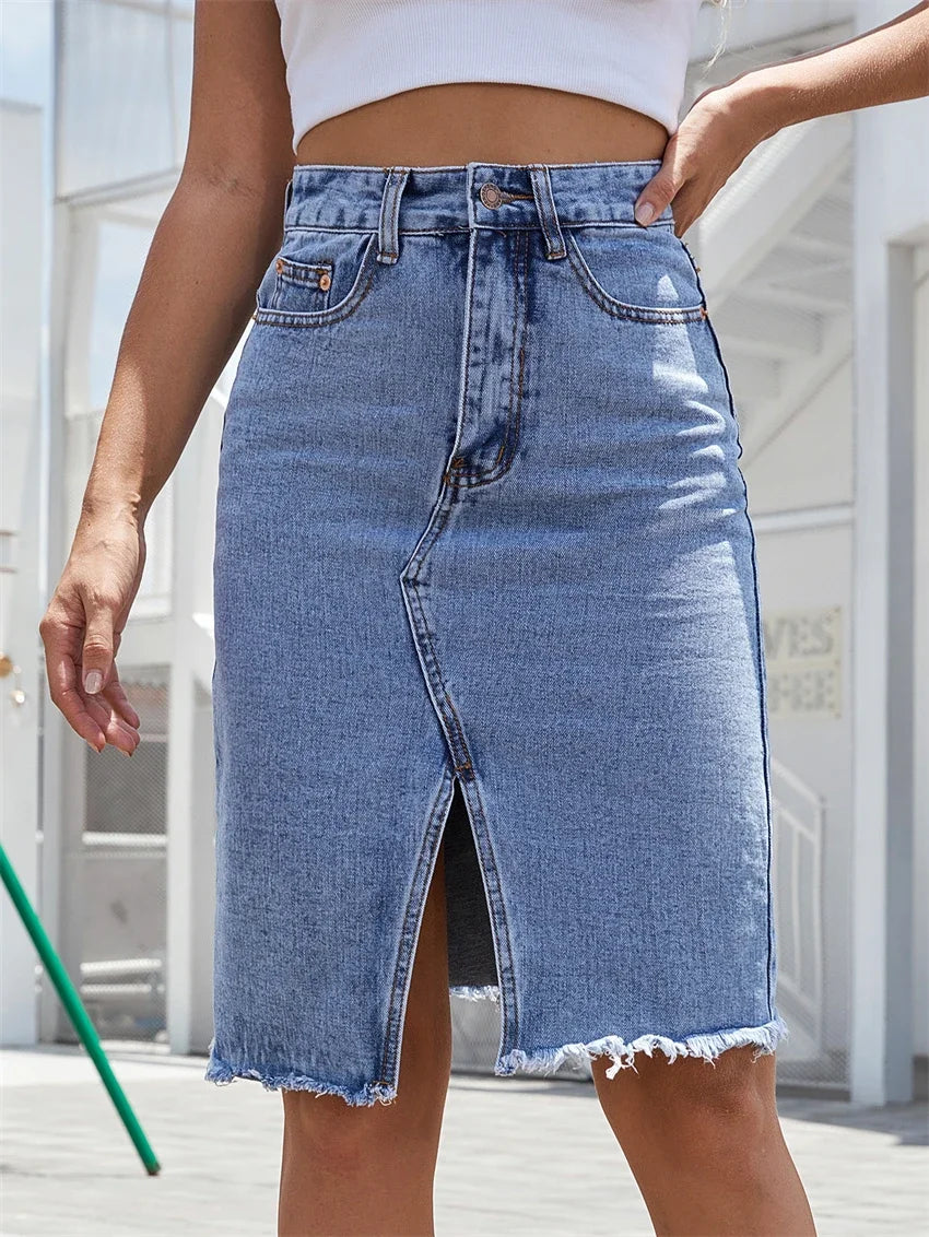 Denim Skirts For Women Jeans High Waist Frayed Raw Hem A Line Flare Skirt With Pockets Summer Wrapped Hip Skinny Slit Skirt - Dhavinci