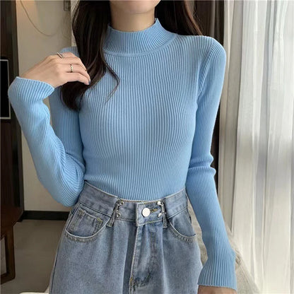 Women Long Sleeved Turtleneck Sweater Harajuku Pullover Women Knit Sweater Slim Elastic Korean Simple Basic Jumper Solid Tops - Dhavinci